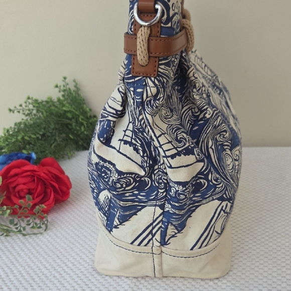Lauren Ralph Lauren Nautical Sailors Canvas Leather Crossbody Satchel Purse Bag - Picture 7 of 14